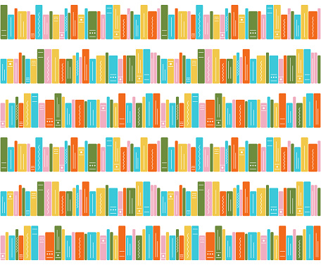 Seamless pattern of bookshelves on a white background. Illustration of bright books, children library. Literature, reading, knowledge, learning. Vector illustration.