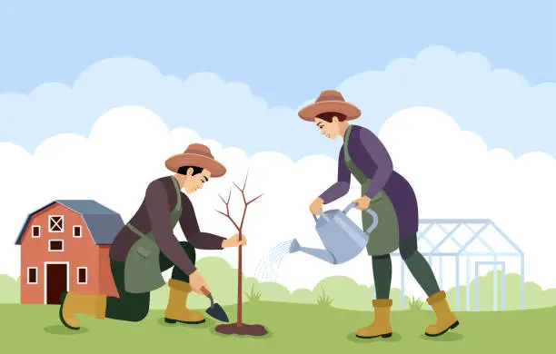 Vector illustration of Farmers couple planting tree. Family in garden. Couple of gardeners, farmers planting a tree.