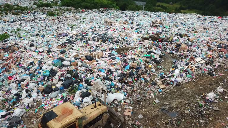 Garbage pollution of the Carpathian mountain massifs. Workers at the dump. Garbage is sorted for recycling.