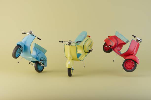 istock motorcycles of different colors flying on a yellow background. 3D render 1455794128