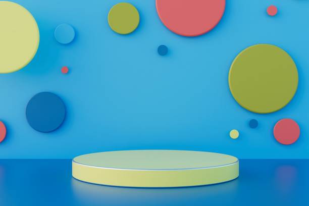 istock abstract background consisting of multi-colored circles and a podium for placing goods on a blue background. 3D render 1455794144
