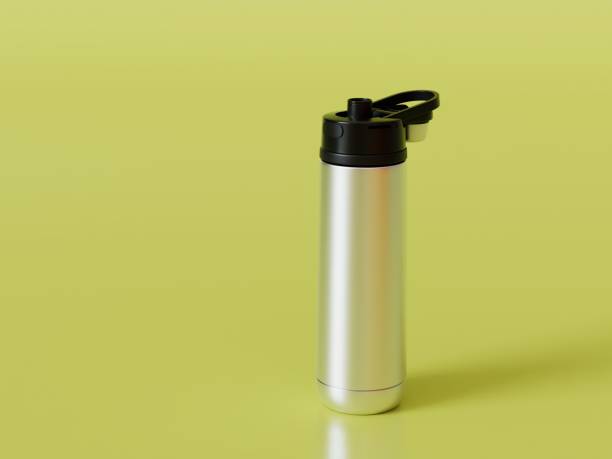 istock thermos to keep the liquid warm on a yellow background. copy paste, copy space. 3D render 1455794194
