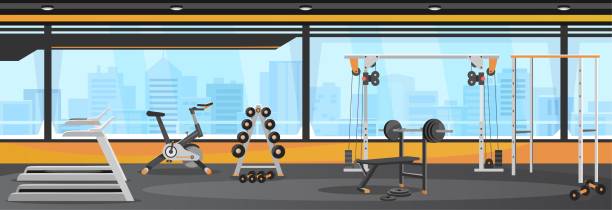 Modern gym interior design with machines and free weights. Vector background Modern gym interior design with machines and free weights. Fitness center illustration with training equipment: treadmill, cycle, bench, dumbbells, barbell, crossover. Cartoon style vector background. gym stock illustrations