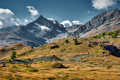 Bernina Range landscape at Bernina Pass in the Swiss Alps, Grisons, Switzerland