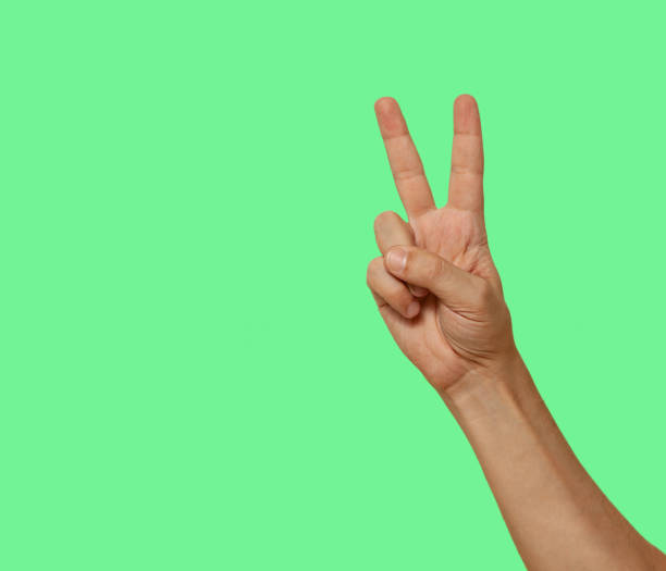 istock Two fingers raised up isolated on green screen background 1455796194