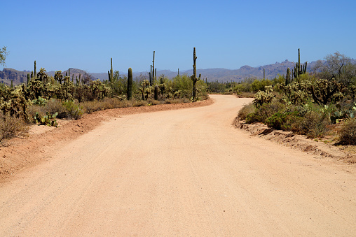 Dirt road leading off into the desert mountains of Arizona