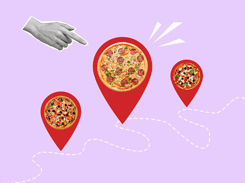 Pizza location symbol and a human hand. Contemporary art collage. Restaurant destination. Copy space.