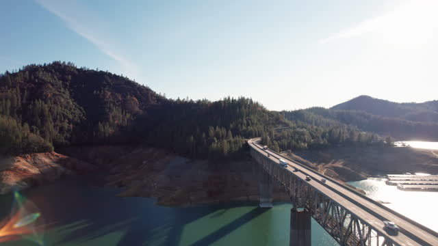 Drone View of the Pit River Bridge and I-5 over Lake Shasta, CA