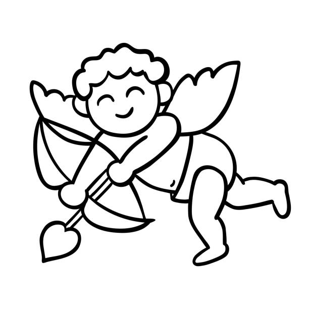 ilustrações de stock, clip art, desenhos animados e ícones de funny cupid and arrow line doodle sketch on white - duotone aiming hunter bow and arrow