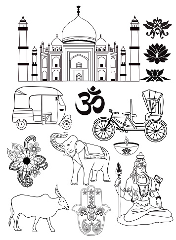 Hand Drawn Line Traditional Culture Symbols of the India Country.  Set of India icons doodle.