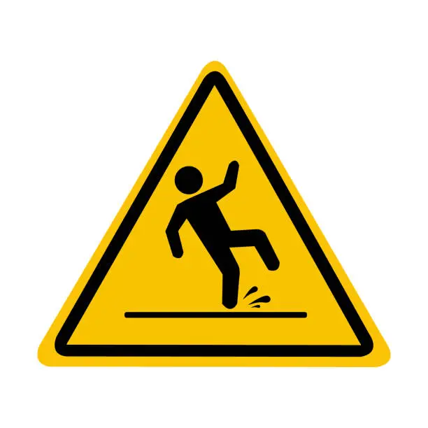 Vector illustration of Slippery wet floor. The falling man is highlighted on the yellow triangle. Caution and warning.