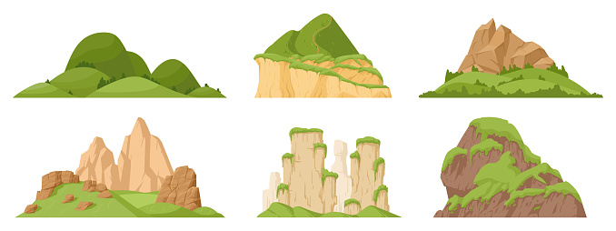 Green mountains set. Cartoon hill tops, mountain green peak and rocky range, nature landscape mountain silhouettes flat vector illustrations on white background