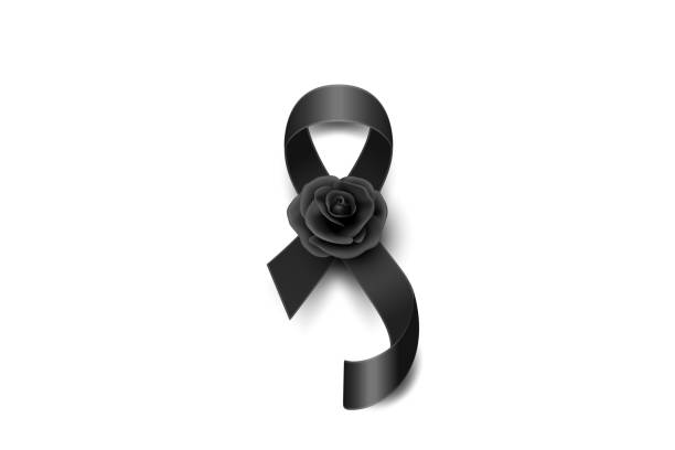 istock Vector Black Silk Ribbon with Black Rose. Design Template for Funeral Card, Banner, Invitation. Black Awareness Ribbon Isolated on White Background, Icon for Pray, Mourning Symbol 1455812231