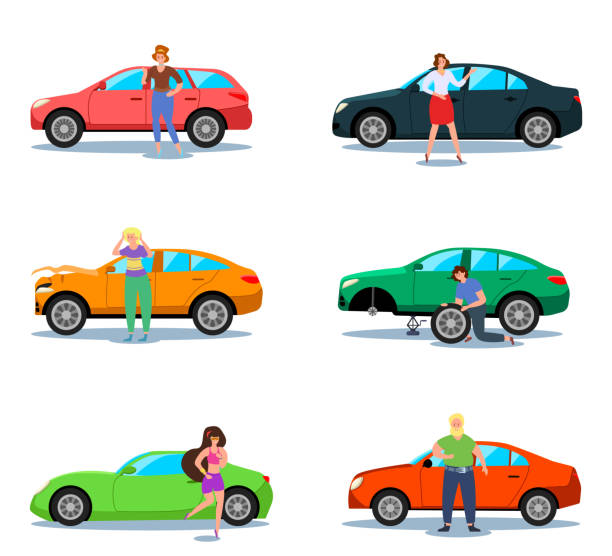 Male and female drivers next to cars vector illustrations set Male and female drivers next to cars vector illustrations set. Cartoon drawings of men and women standing with new or broken automobiles on white background. Transportation, car repair service concept car crash accident cartoon stock illustrations