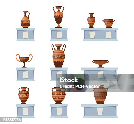 istock Greek vases with ornaments on stands vector illustrations set 1455812756
