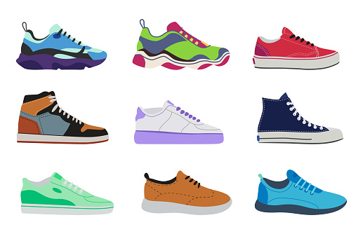 Side view of sports shoes vector illustrations set. Collection of cartoon drawings of male and female sneakers or running shoes isolated on white background. Fashion, footwear, sports concept