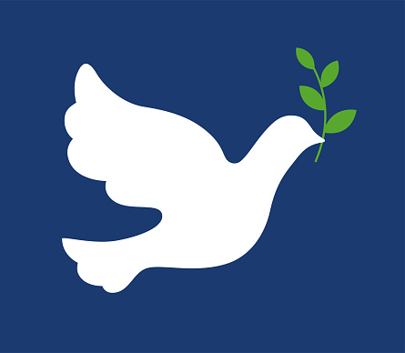 White dove icon with an olive branch in its beak, a symbol of peace vector illustration