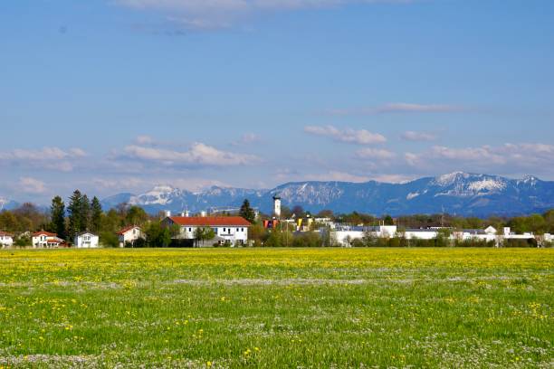 eine kleine stadt in oberbayern. bad aibling im frühling. bayern im frühjahr. panoramablick auf die quelle oberbayern. bayerische kühe im frühjahr. bayerische kirchen und landschaft im frühling. - european alps germany landscaped spring stock-fotos und bilder