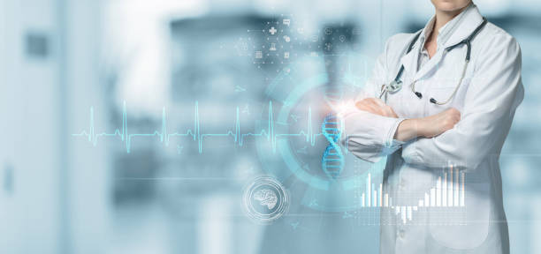 istock The doctor against the background of a virtual computer screen . 1455814372