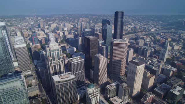 Aerial view of downtown Seattle in Washington state. Skyscrapers of buissnes centr in Seattle. Drone view of the buildings of big city.