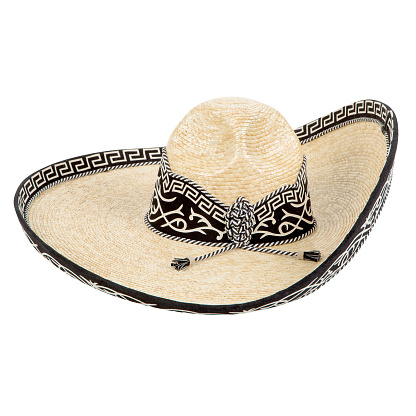 HANDCRAFTED COWBOY AND CHARRO HAT WOVEN BY HAND WITH PALM MADE IN MEXICO WITH MATERIALS. ISOLATED WHITE BACKGROUND.