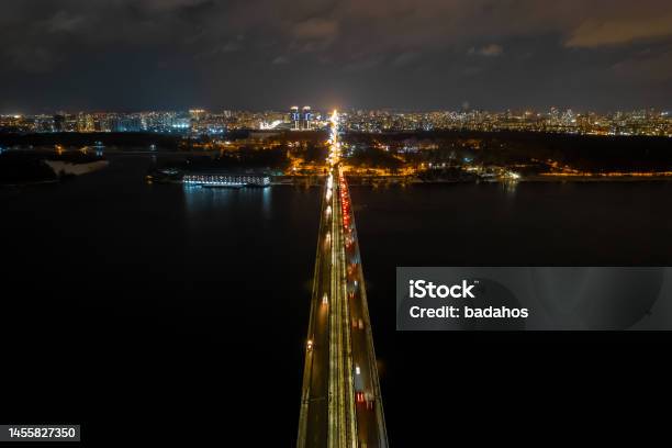 Aerial View On Metro Bridge At Night In Kyiv Stock Photo - Download Image Now - Aerial View, Architecture, Asphalt