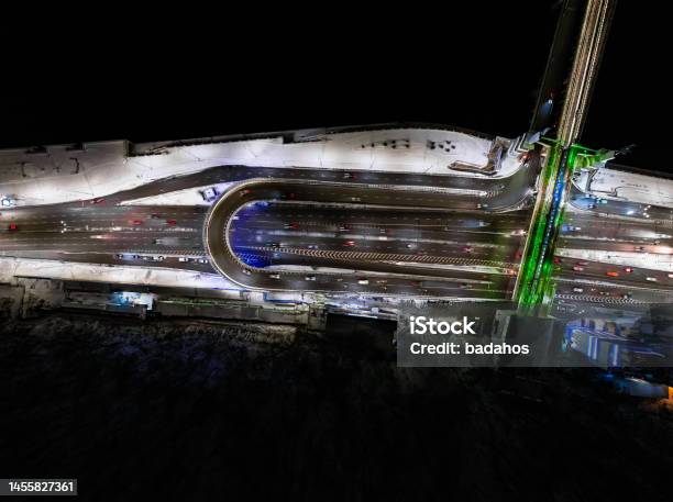 Aerial View On Metro Bridge And Highway At Night In Kyiv Stock Photo - Download Image Now
