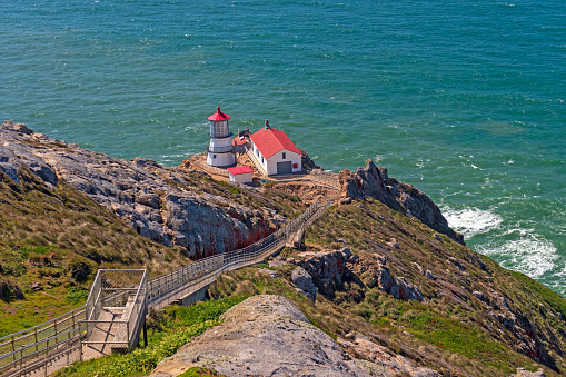 Historic Lighthouse on a Rocky Shore at Point Reyes National Seashore in California