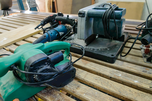 Set of Tools in a Large Carpentry Workshop.