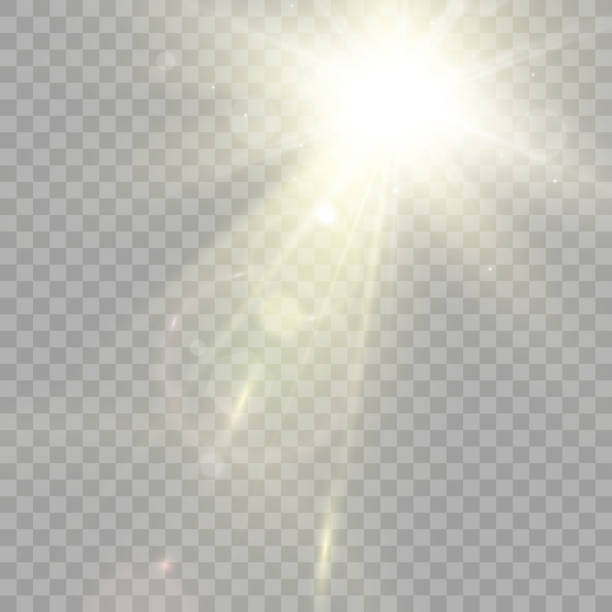 ilustraciones, imágenes clip art, dibujos animados e iconos de stock de vector transparente luz solar especial efecto de luz de destello de lente. brillante y hermosa estrella. luz de los rayos. - heat vector environment animal