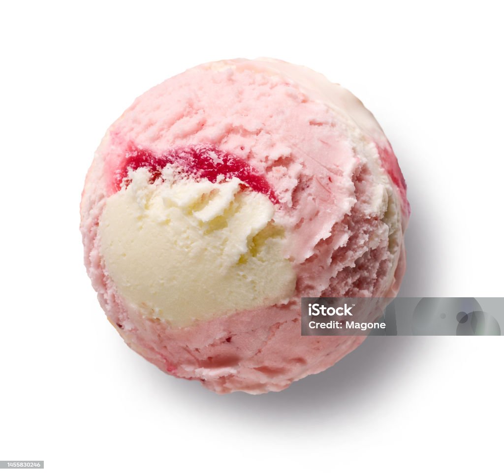 vanilla and strawberry ice cream vanilla and strawberry ice cream ball isolated on white background, top view Ice Cream Stock Photo