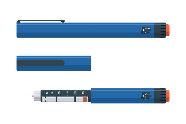 ilustrações de stock, clip art, desenhos animados e ícones de insulin injection pen set open and closed. hormone ampoule inside syringe. diabetes control injector. medical device for diabetic patients. medicine shot for high blood sugar people. vector - syringe vaccination vial insulin