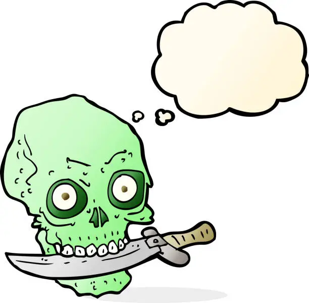 Vector illustration of cartoon pirate skull with knife in teeth with thought bubble