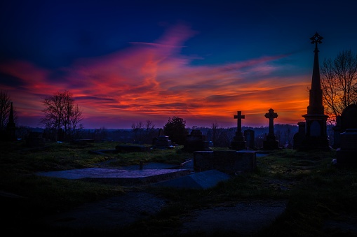 The cemetery at sunset in Middleton, United Kingdom