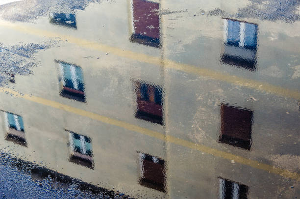 istock Facade of a building reflected in a puddle 1455837809