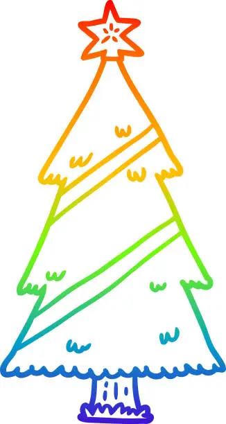 Vector illustration of rainbow gradient line drawing of a christmas tree