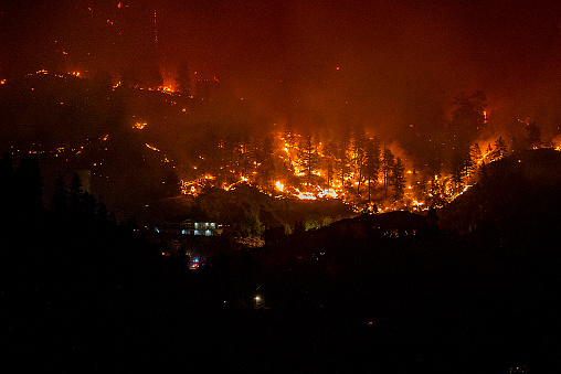 A forest fire burns into a residential area in the Okanagan