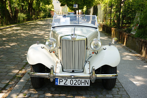 Poznan, Poland – May 28, 2017: A closeup of a parked MG old timer car on a parking place.