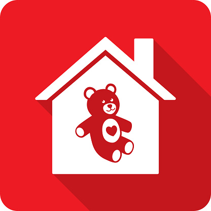 Vector illustration of a house with stuffed animal bear and heart icon against a red background in flat style.