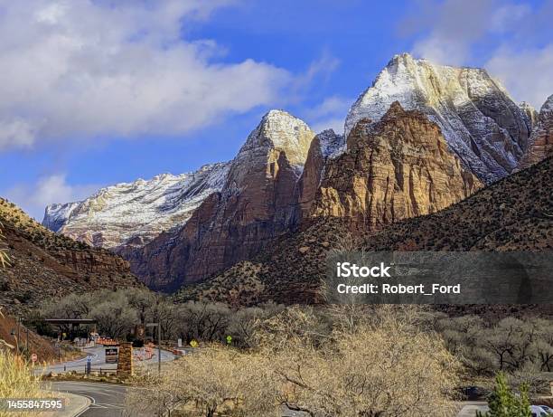 Entrance To Zion National Park With A View Of East Sentinel And Other Peaks Snow Covered In Early January 2023 Stock Photo - Download Image Now
