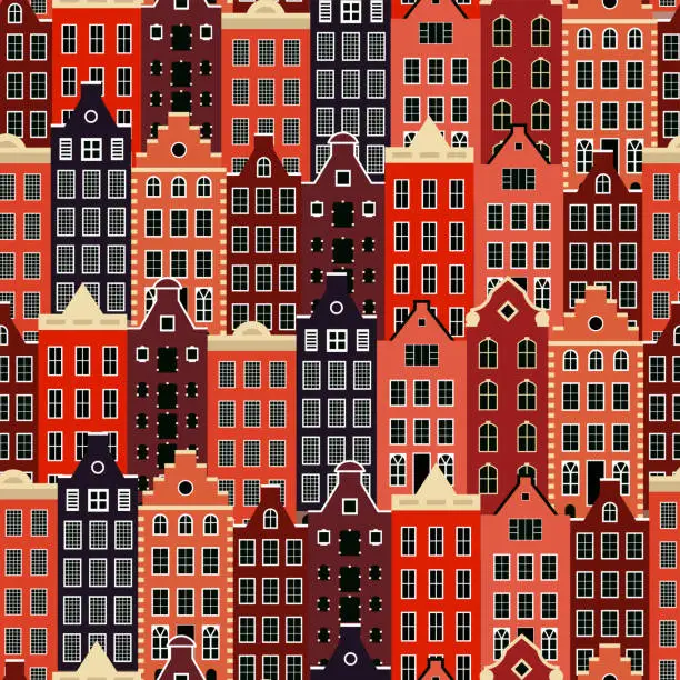 Vector illustration of Old Dutch houses seamless pattern. Houses Netherlands.