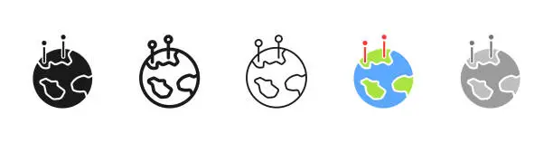 Vector illustration of Planet with location pointer line icon. Geolocation, navigation equipment, cartography, satellite, place, destination. Geography concept. Vector five icon in different style on white background