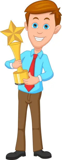 Vector illustration of cartoon best employee with trophy