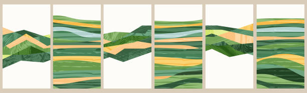 Green abstract rice field top view with texture vector background. Nature pattern, eco illustration, countryside poster design. Collection of agriculture landscape, set of simplicity ecology poster Abstract aesthetic eco green collage design. Organic nature shape vector illustration. Landscape pattern composition. Geometric field ornament. Contemporary poster collection, modern field background background place stock illustrations