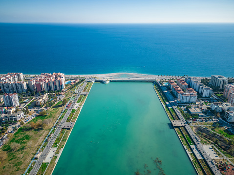 beautiful view created by the blue sea and the highway. Drone shooting. Bogacay, Antalya