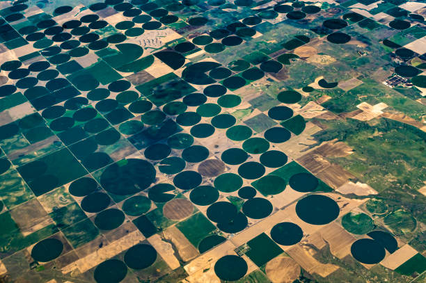 Earth from above, aerial landscape crop circles and agricultural fields patterns