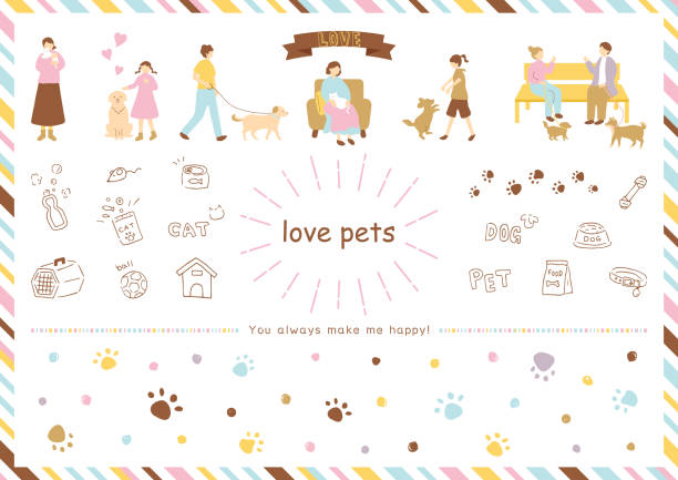 ilustrações de stock, clip art, desenhos animados e ícones de set illustration of people living with pets and paw print backdrop - dog spotted purebred dog kennel