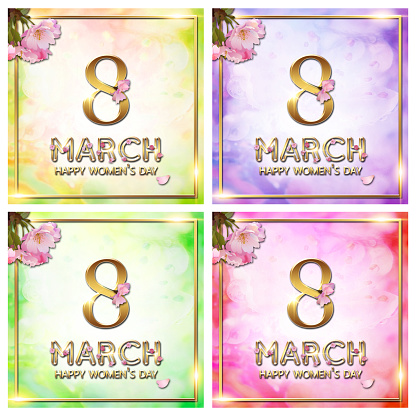 March 8 set of square shaped greeting cards in different colors for social media
