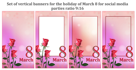 set of four vertical posters for March 8 with roses for social media in pink and magenta colors