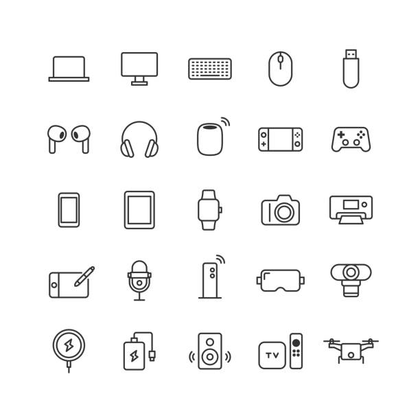 ilustrações, clipart, desenhos animados e ícones de ícones relacionados a gadgets (desenhos de linha). - auscultador equipamento áudio